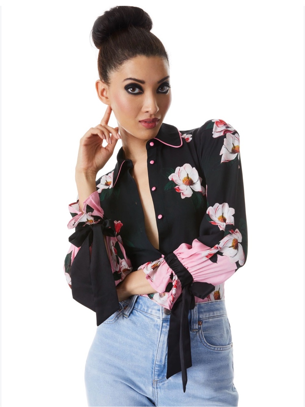 MWOT Alice +Olivia Willa Tied Blouson Sleeve Top In After Dark. Size XL